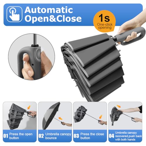 PALAY® Large Umbrella with Reflective Strip Auto 3-Fold Compact Travel Carabiner Handle Reinforced 10 Dual Ribs Sun Protection 99 UV Rain Windproof Men Women Grey 3PCS PALAY® Large Umbrella with Reflective Strip Auto 3-Fold Compact Travel Carabiner Handle Reinforced 10 Dual Ribs Sun Protection 99 UV Rain Windproof Men Women Grey 3PCS